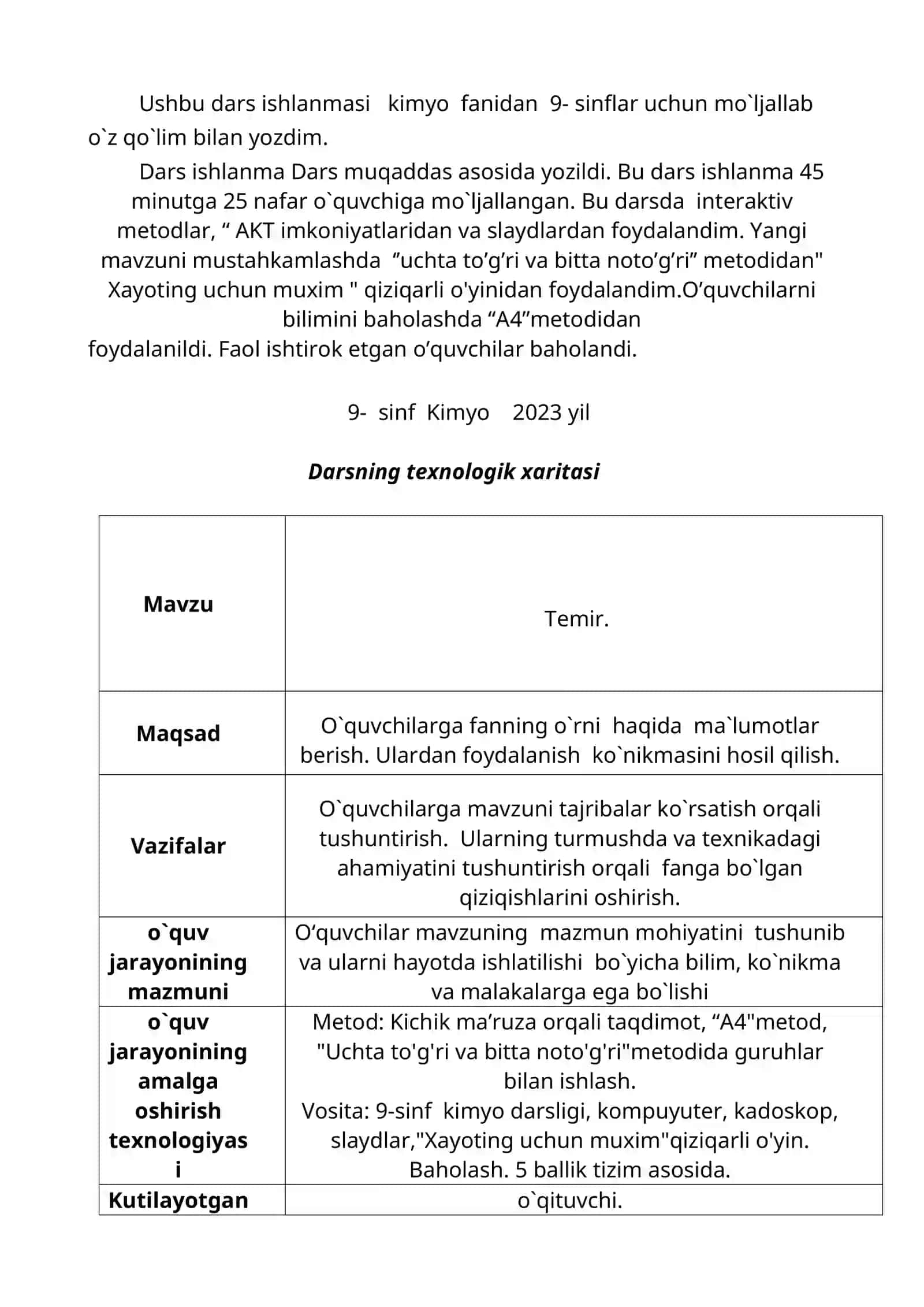 9-sinf Kimyo fanidan Temir mavzusida bir soatlik ochiq dars ishlanma 2