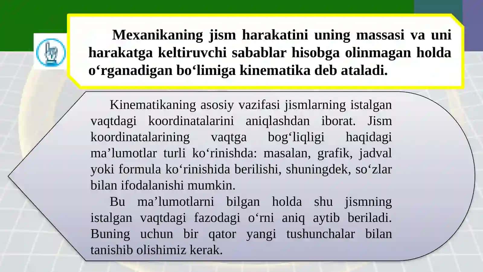 7-sinf Fizika fanidan Kinematikaning asosiy tushunchalari dars ishlanma 2