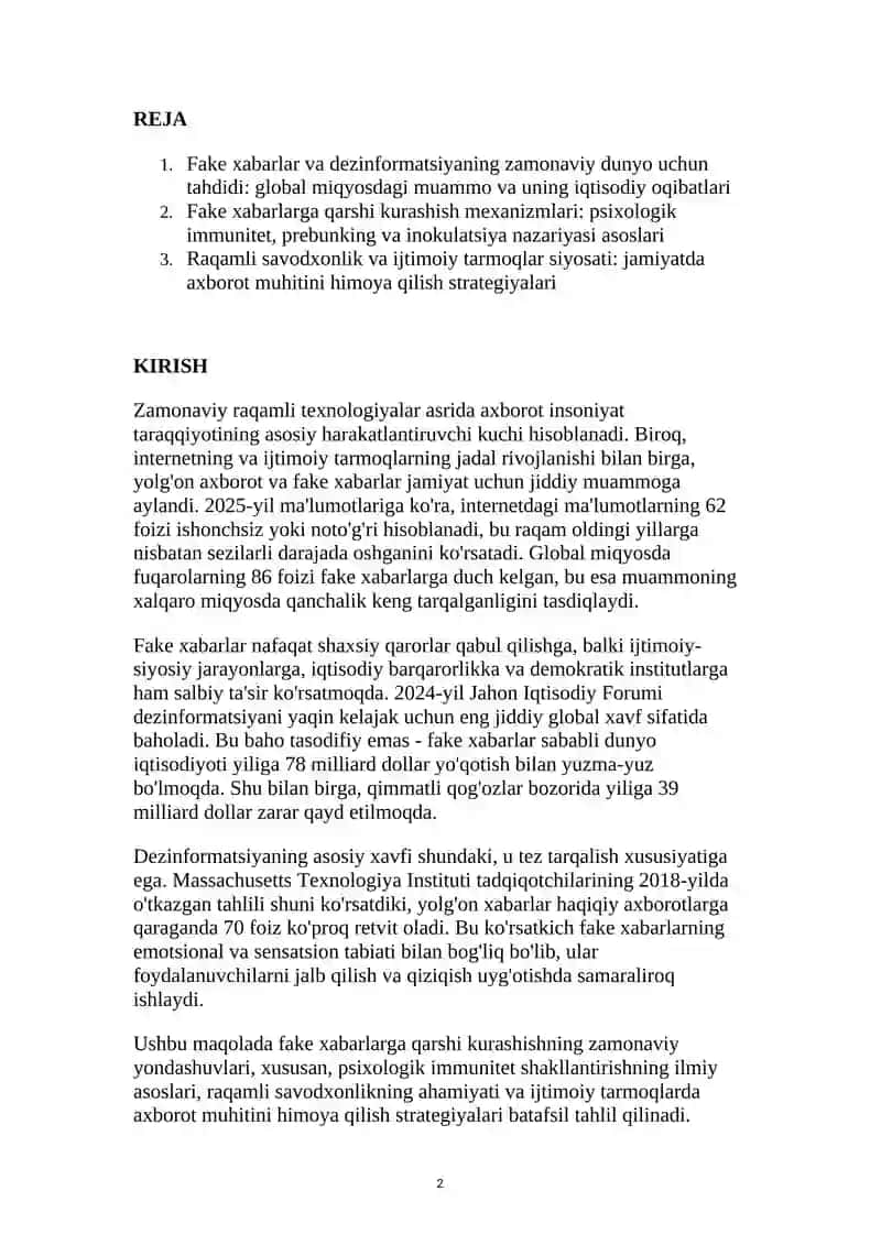 Fake xabar yoki yolg'on axborotga qarshi immunitetni shakllantirish 2