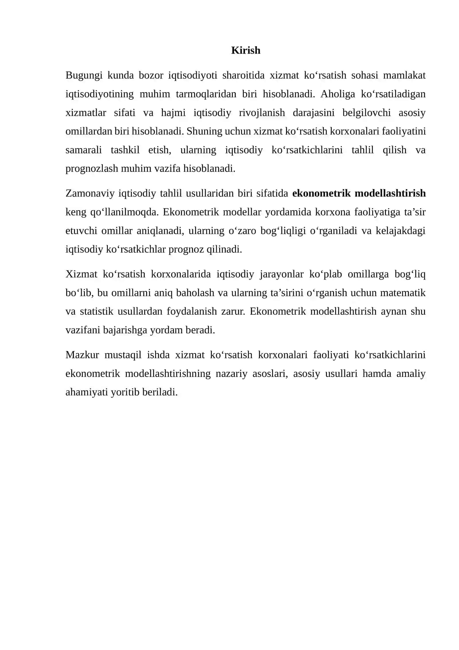 XIZMAT KO‘RSATISH KORXONALARI FAOLIYATI KO‘RSATKICHLARINI EKONOMETRIK MODELLASHTIRISH 2