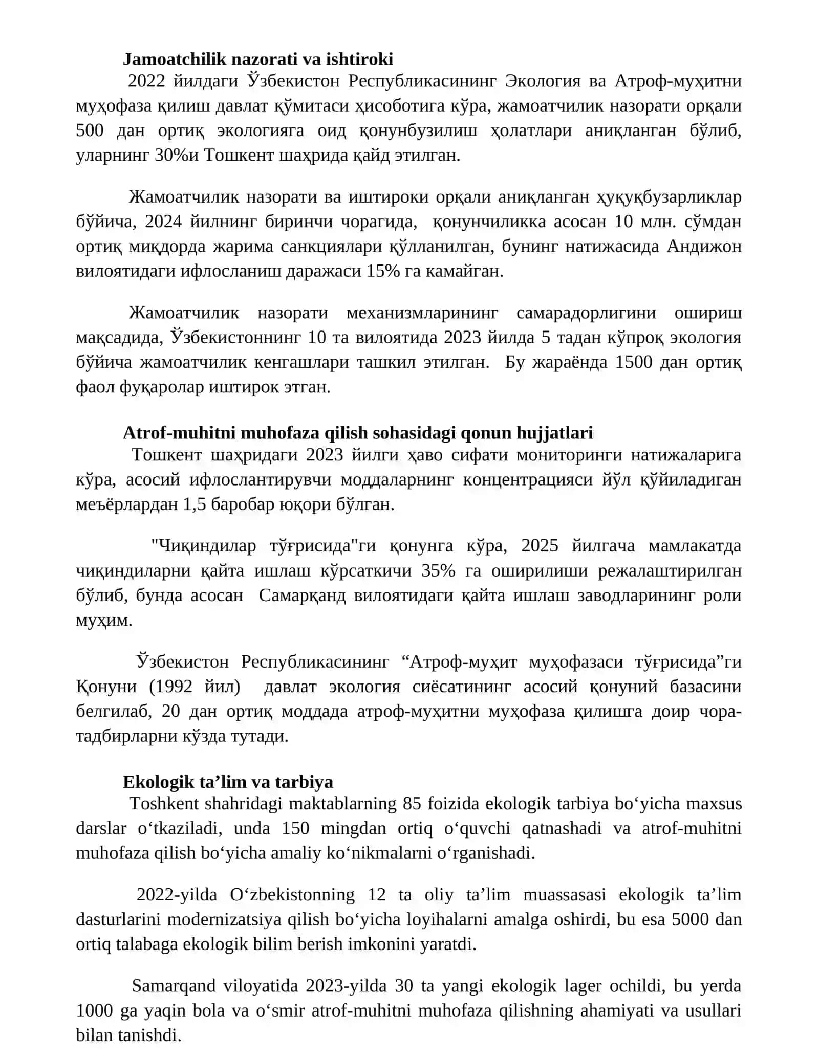 Ekologik vaziyatni yaxshilash borasidagi Davlat siyosati 2