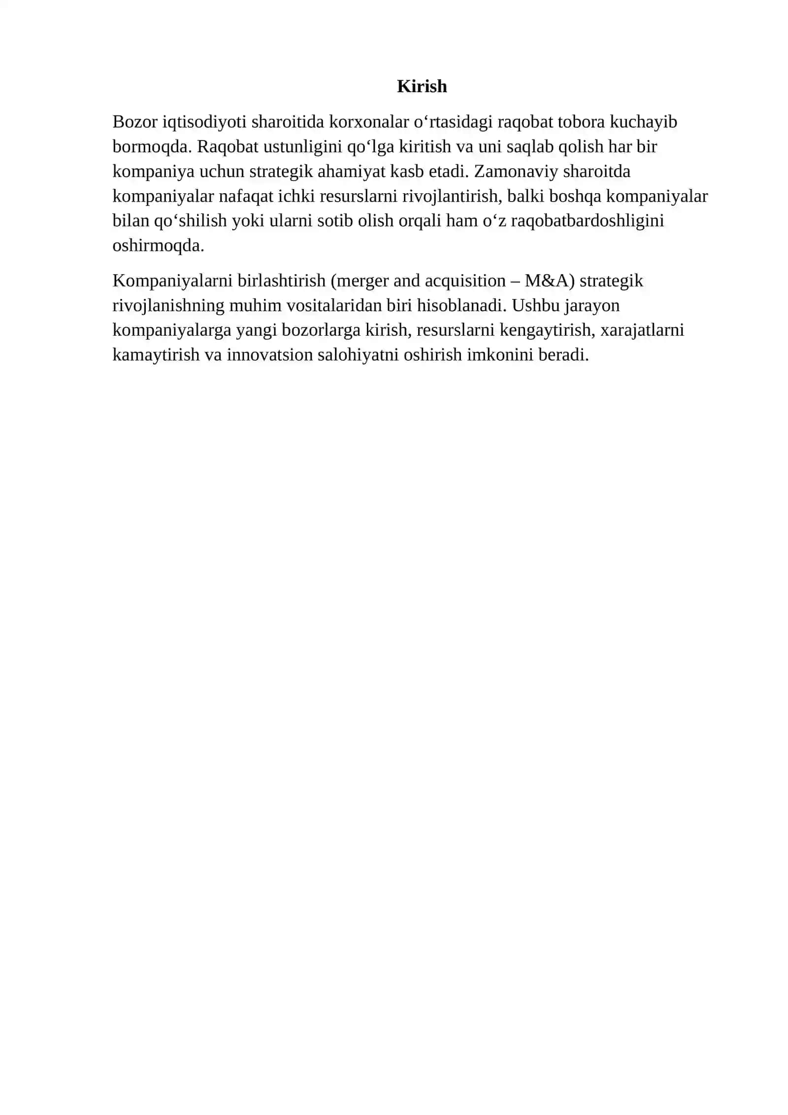 Raqobat strategiyasini shakllantirishda kompaniyalarni birlashtirishning samaradorligi 2