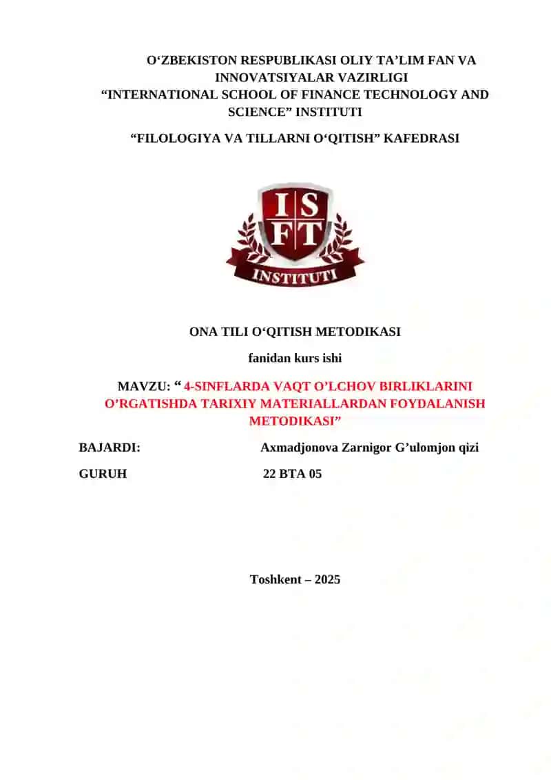 “ 4-SINFLARDA VAQT O’LCHOV BIRLIKLARINI O’RGATISHDA TARIXIY MATERIALLARDAN FOYDALANISH METODIKASI.docx 2
