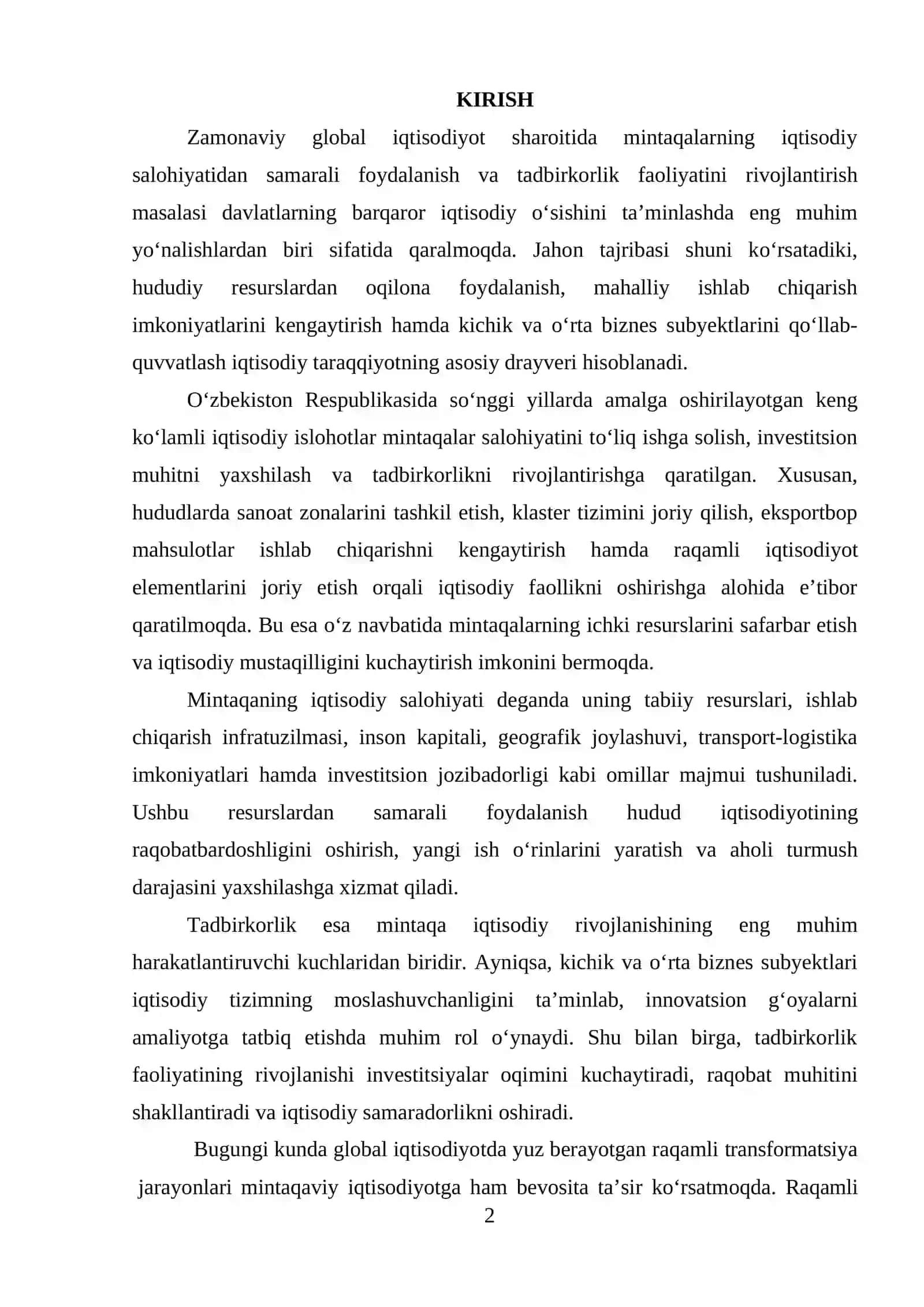 Mintaqaning iqtisodiy salohiyatidan samarali foydalanish va tadbirkorlikni rivojlanish istiqbollari 2