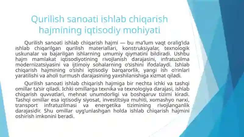 Qurilish sanoati korxonalari ishlab chiqarish hajmi 2