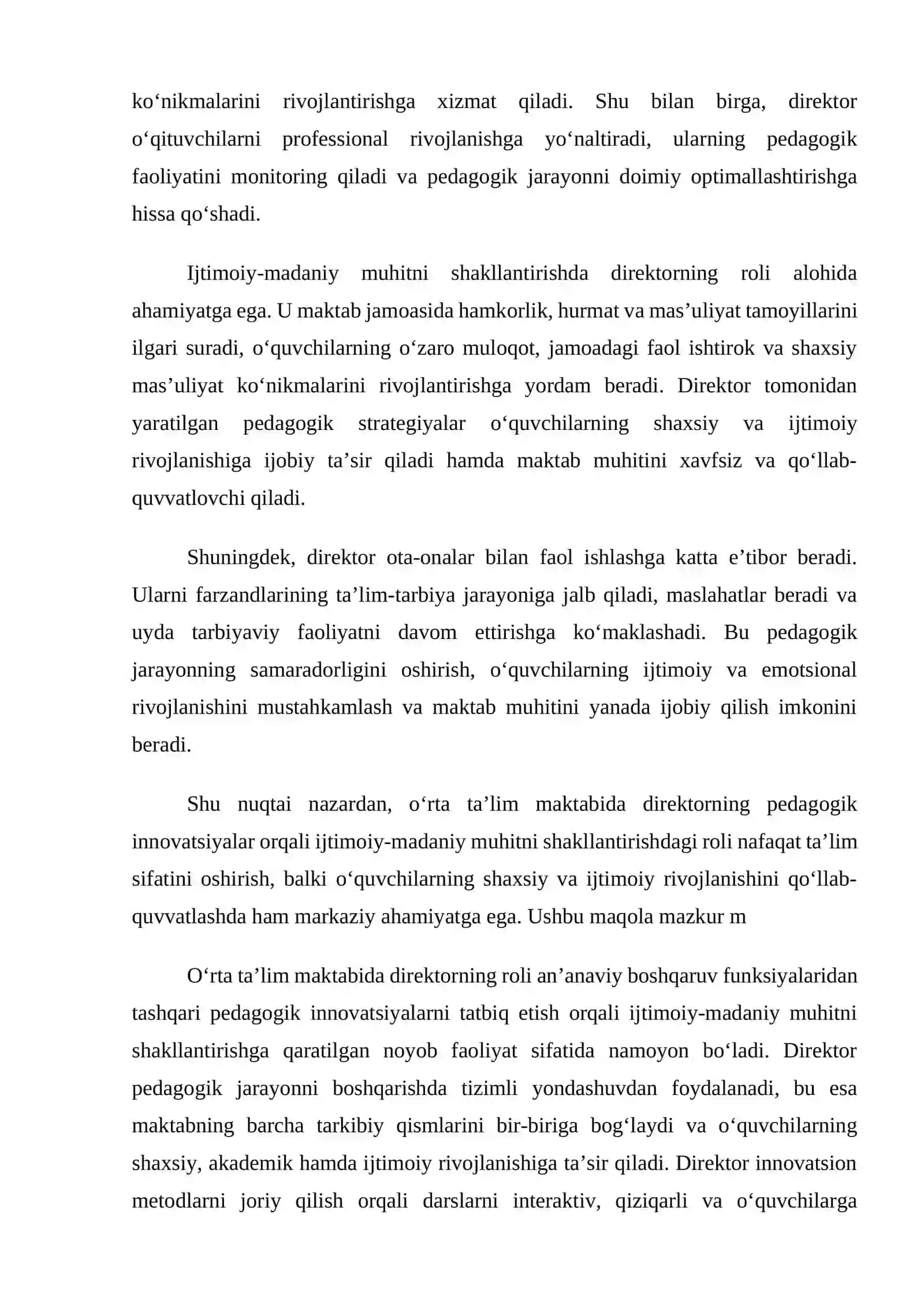 Mavzu: O‘rta ta’lim maktabida direktorning pedagogik innovatsiyalar orqali ijtimoiy-madaniy muhitni shakllantirishdagi roli 2