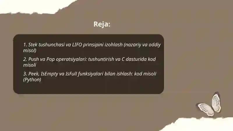 Stack (stek) ma'lumotlar tuzilmasining ishlash prinsipi(LIFO)ni tushuntirib, amaliy misol bilan dasturni yozing 2