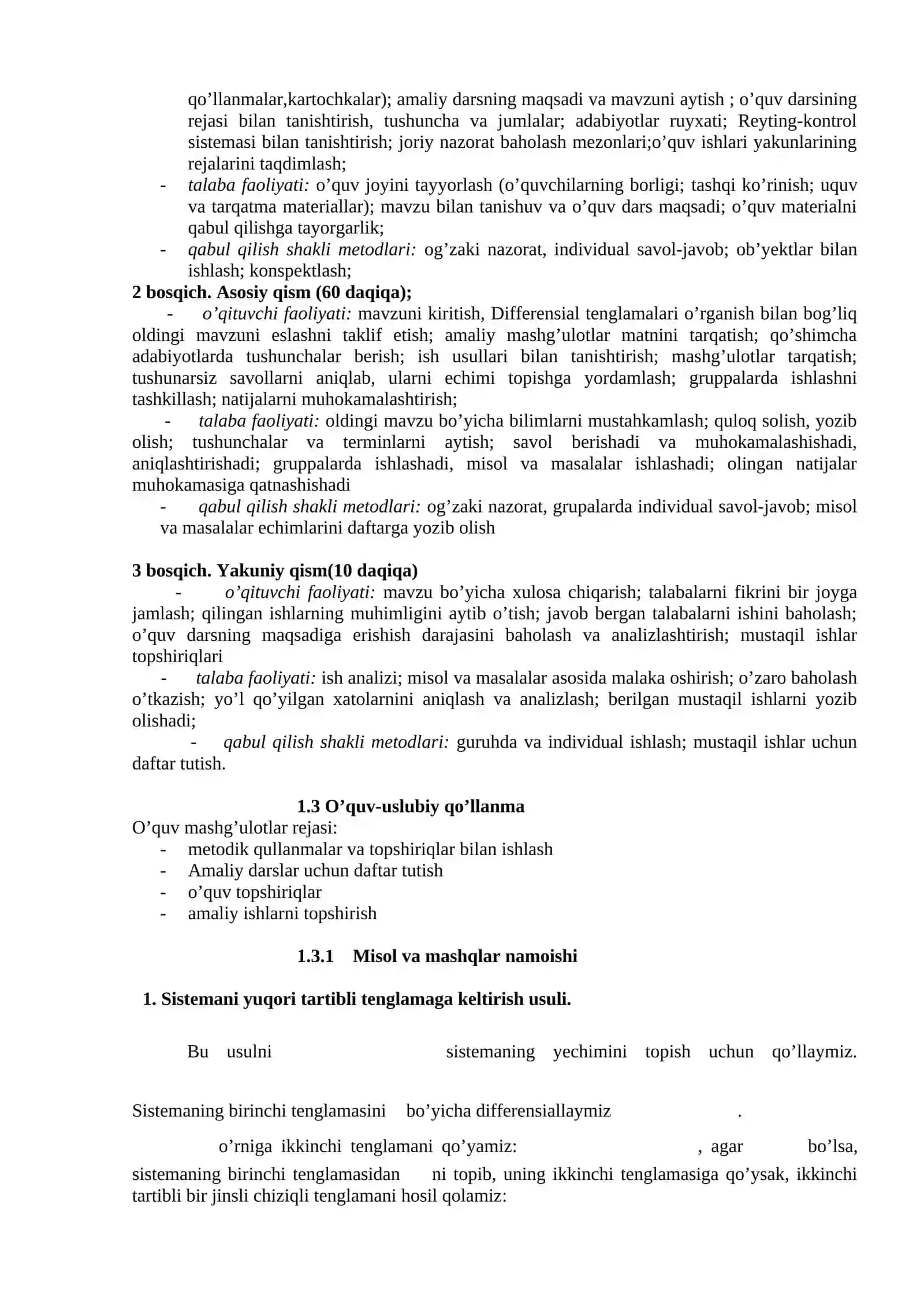 Sistemani yuqori tartibli tenglamaga keltirish usuli 2