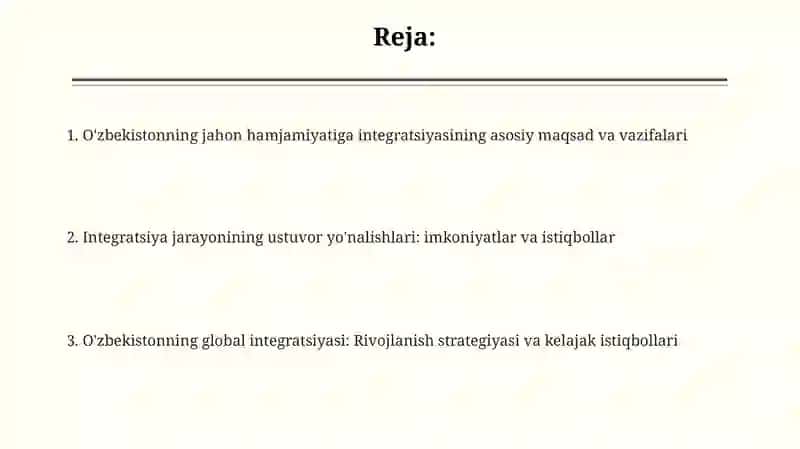 O’zbekiston jahon xamjamiyati bilan integratsiya jarayonini kuchayuvi maqsad vazifalari 2