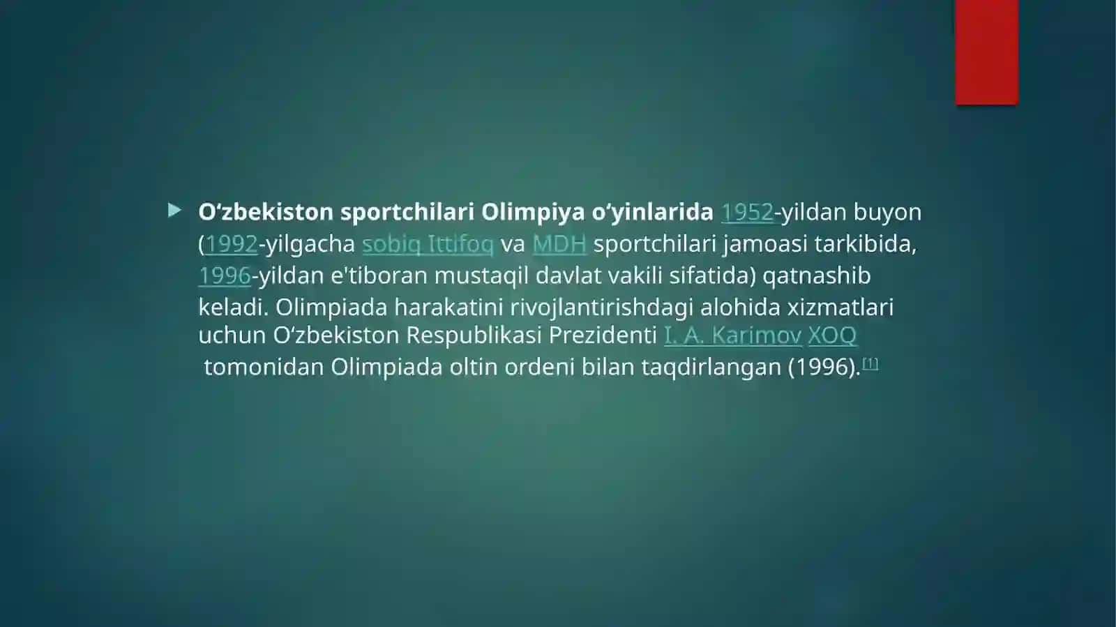Oʻzbekistonsportchilarining 1996-hozirgi davr gacha oʻtkazilgan Olimpiya oʻyinlarida giyutuqlari 2