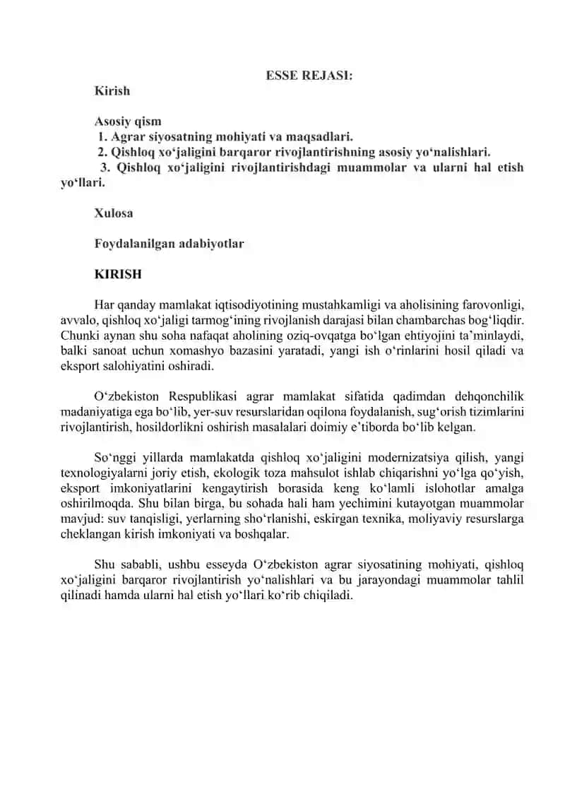 Agrar siyosat va qishloq xo'jaligini barqaror rivojlantirish muammolari.ESSAY 2
