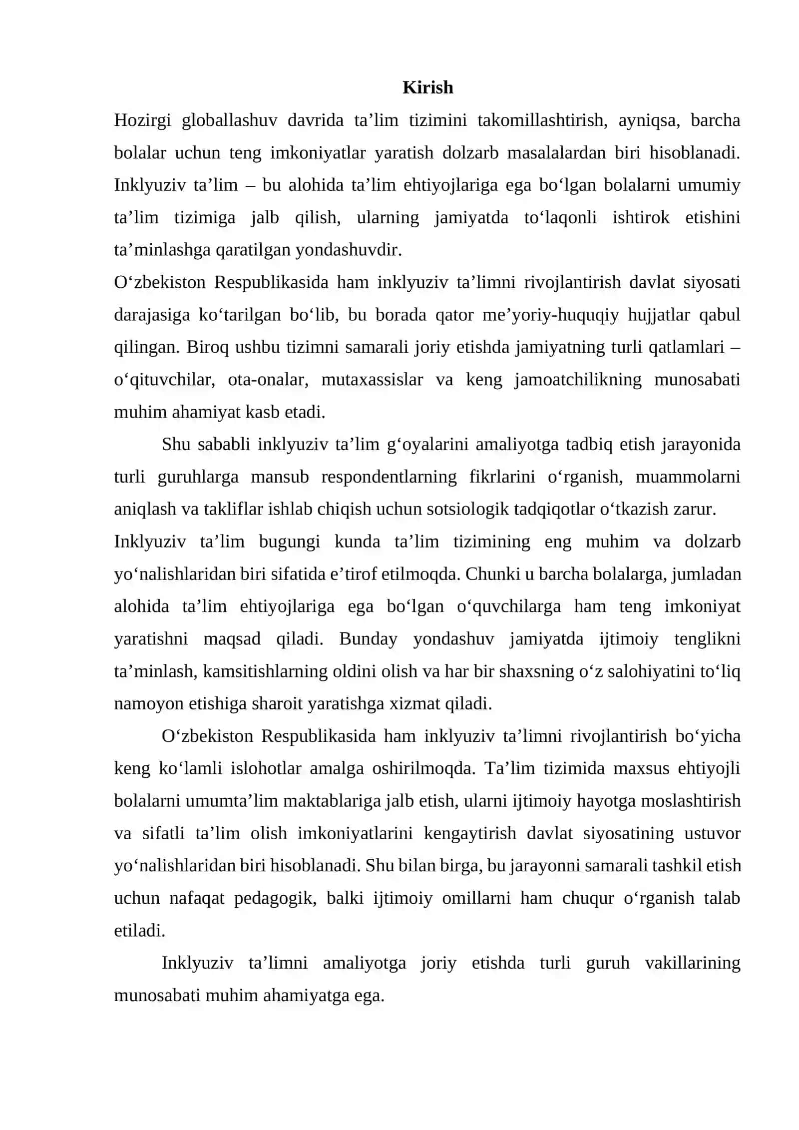 Inklyuziv ta’lim g‘oyalarini amaliyotga tadbiq etish bo‘yicha turli guruhlarga mansub respondentlarning fikrlarini aniqlashga qaratilgan sotsiologik tadqiqotlar 2