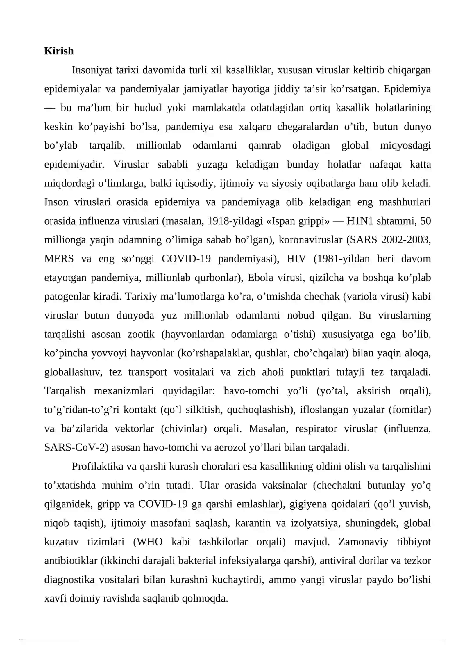 Epidemiya va pandemiyaga olib kelayotgan inson viruslari, ularning tarqalishi, profilaktikasi va qarshi kurash choralari 2
