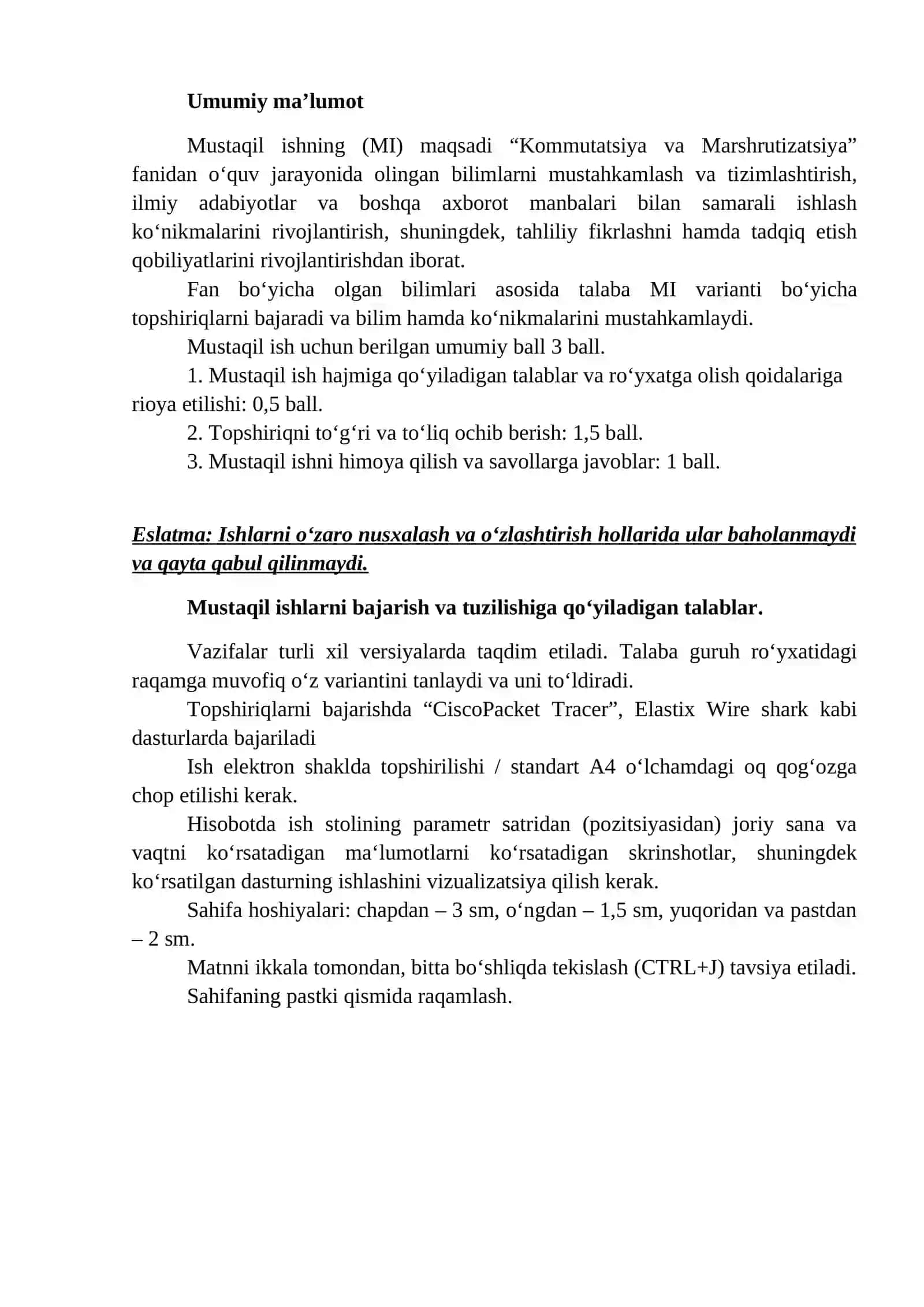 Kommutatsiya va Marshrutizatsiya fanidan Mustaqil ishlarni bajarish uchun topshiriq va ko‘rsatmalar 2