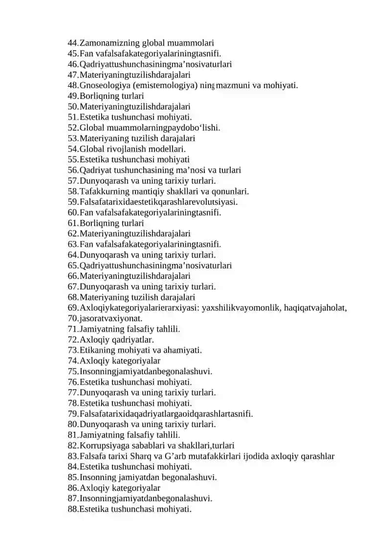 FALSAFA FANIDAN ORALIQ NAZORAT SAVOLLARI 2