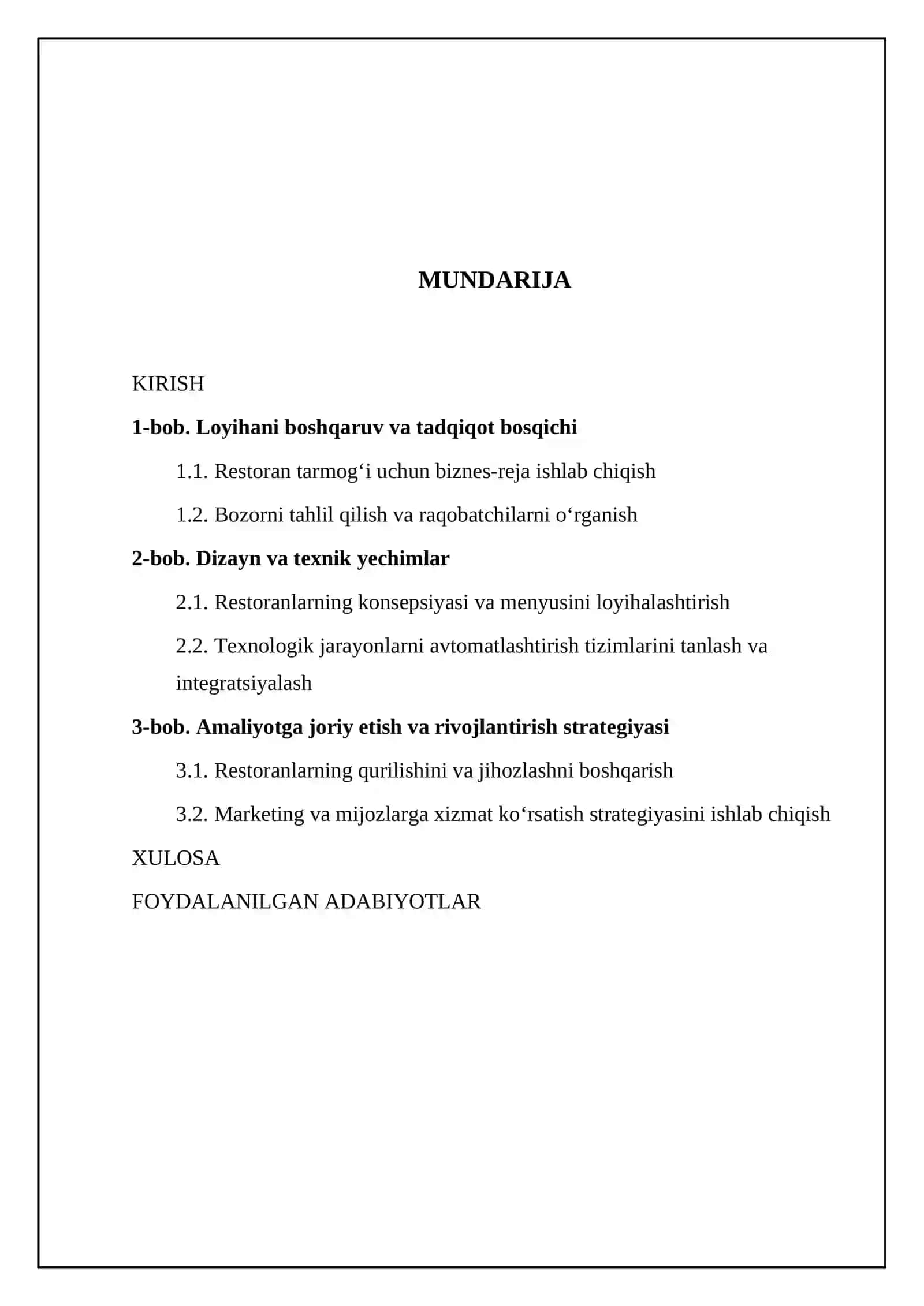 Restoran tarmogʻi loyihasini loyihalashtirish va ishlab chiqish 2