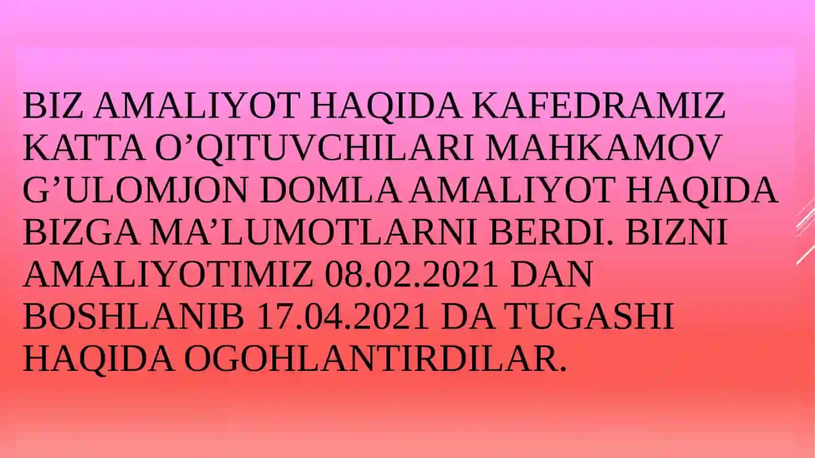 MUQIMIY NOMIDAGI QO’QON DAVLAT PEDAGOGIKA INSTITUTITABIIY FANLAR FAKULTETIBIOLOGIYA O’QITISH METODIKASI TA’LIMI YO’NALISHI401-GURUHTALABASITURDaliyevDILMURODJONNINGMALAKAVIY PEDAGOGIK AMALIYOTI 2