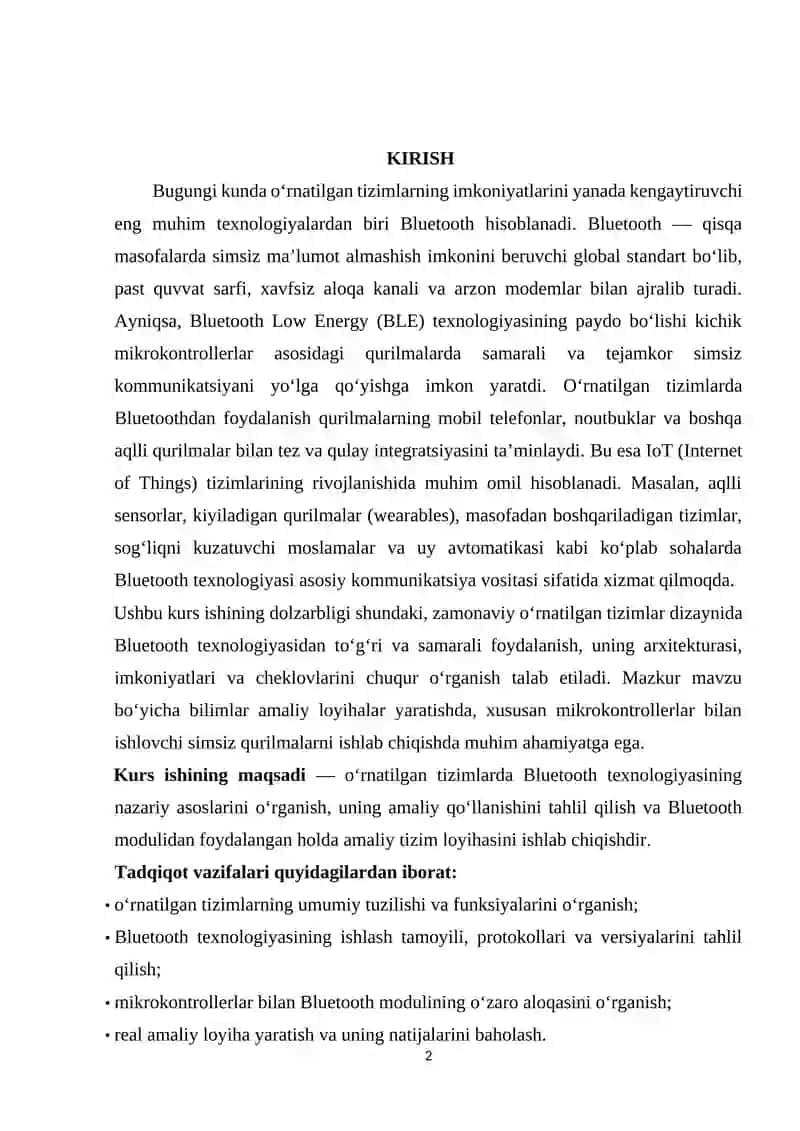OʻRNATILGAN TIZIMLARDA BLUETOOTH TEXNALOGIYASI. 2
