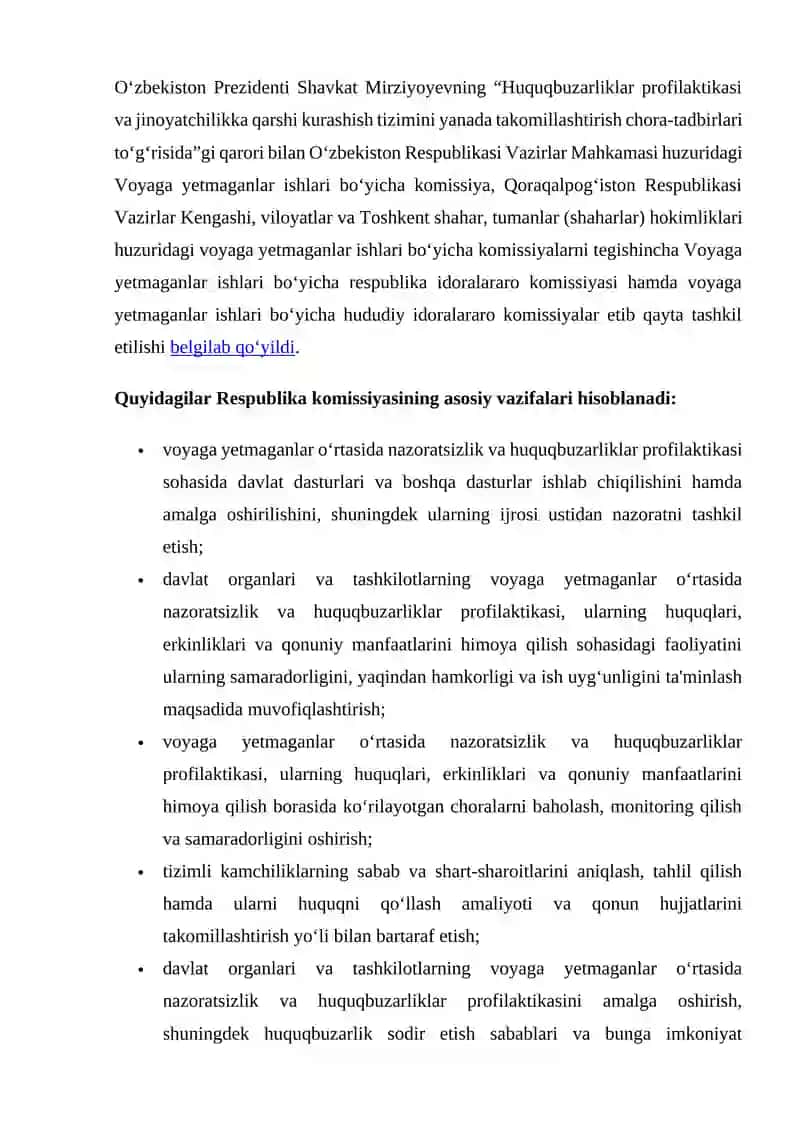 Voyaga ETMAGANLAR ISHLARI BO‘YICHA IDORALARARO KOMISSIYALARNING ASOSIY VAZIFALARI 2
