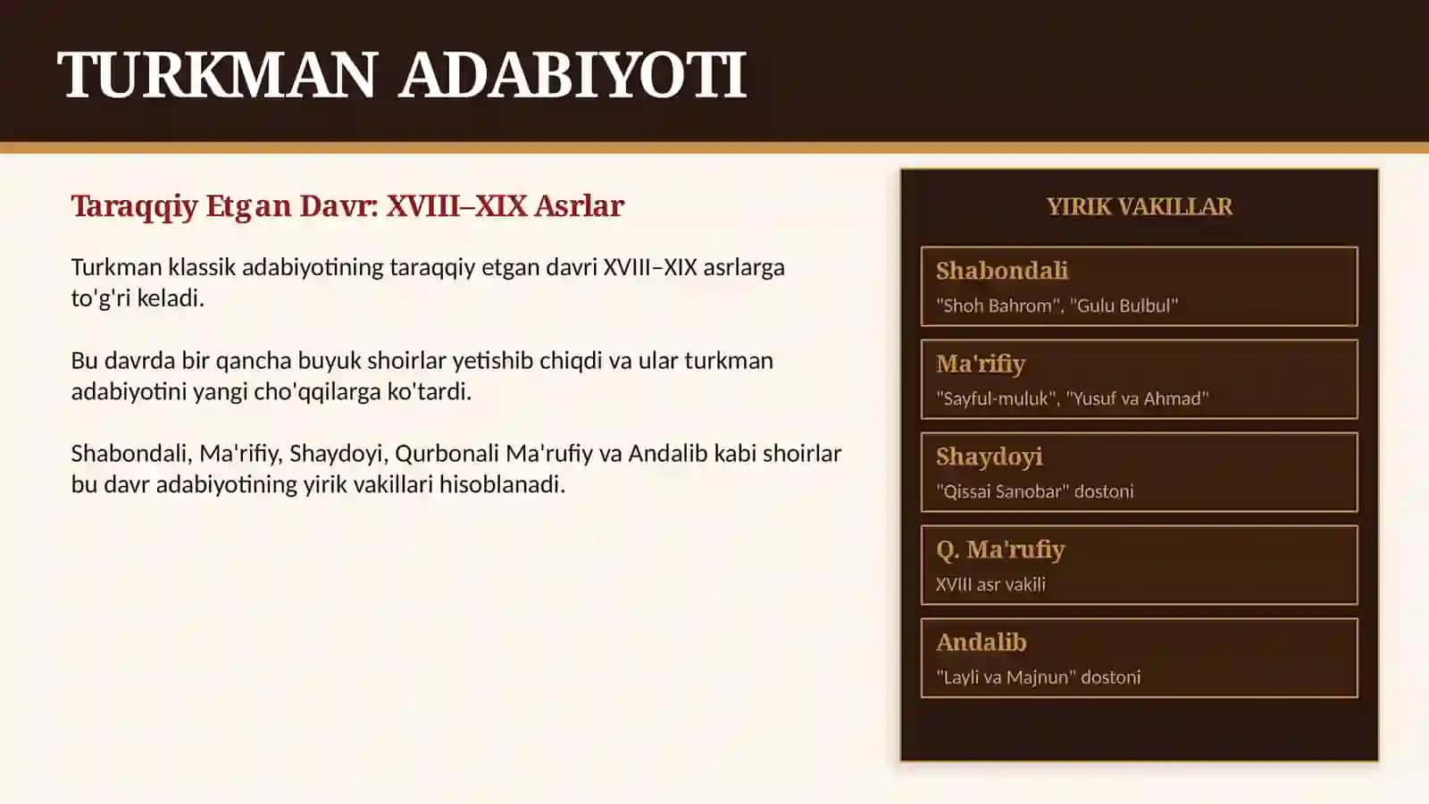 SHARQ ADABIYOTI Namoyandalari va Ularning Asarlari Turkman Klassik Adabiyoti · XVIII–XIX Asrlar 2