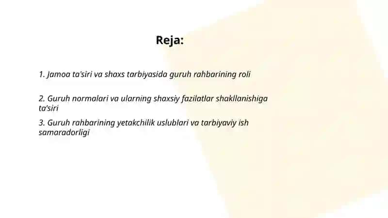 Jamoaning shaxs tarbiyasiga tasiri guruh raxbarning tarbiyaviy ishi 2