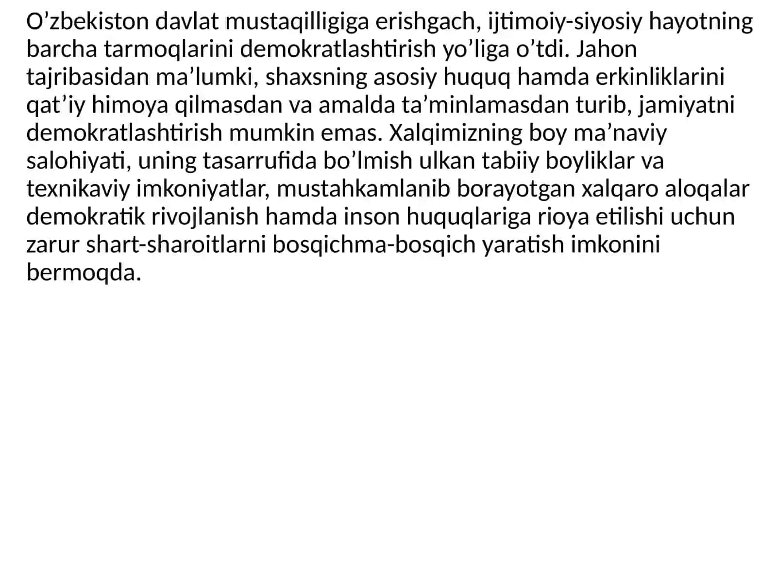 O`zbekistonda inson huquqlari va erkinliklari kafolatining yaratilishi 2