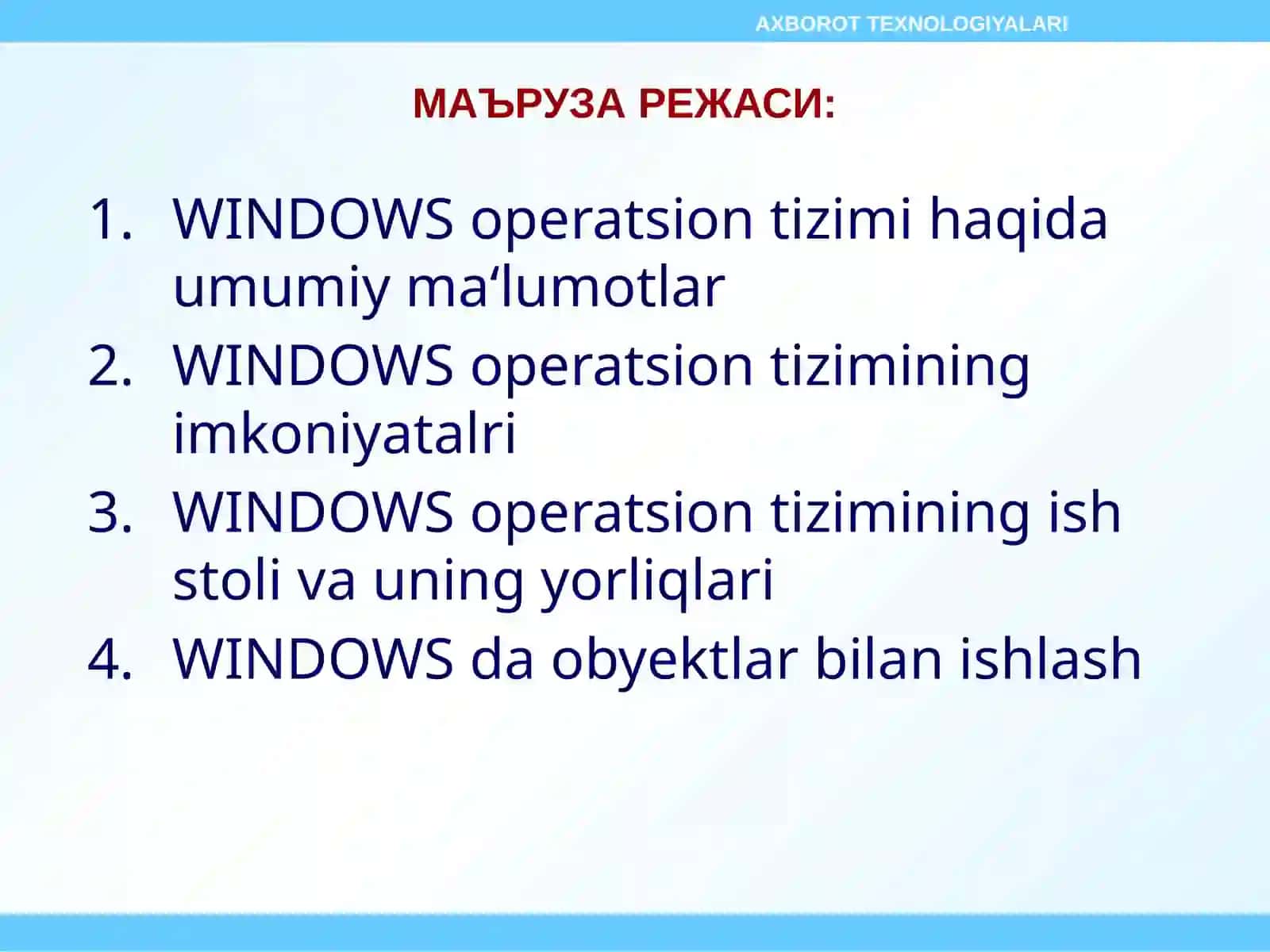 Windows operatsion tizimi oilasi haqida umumiy tushunchalar 2