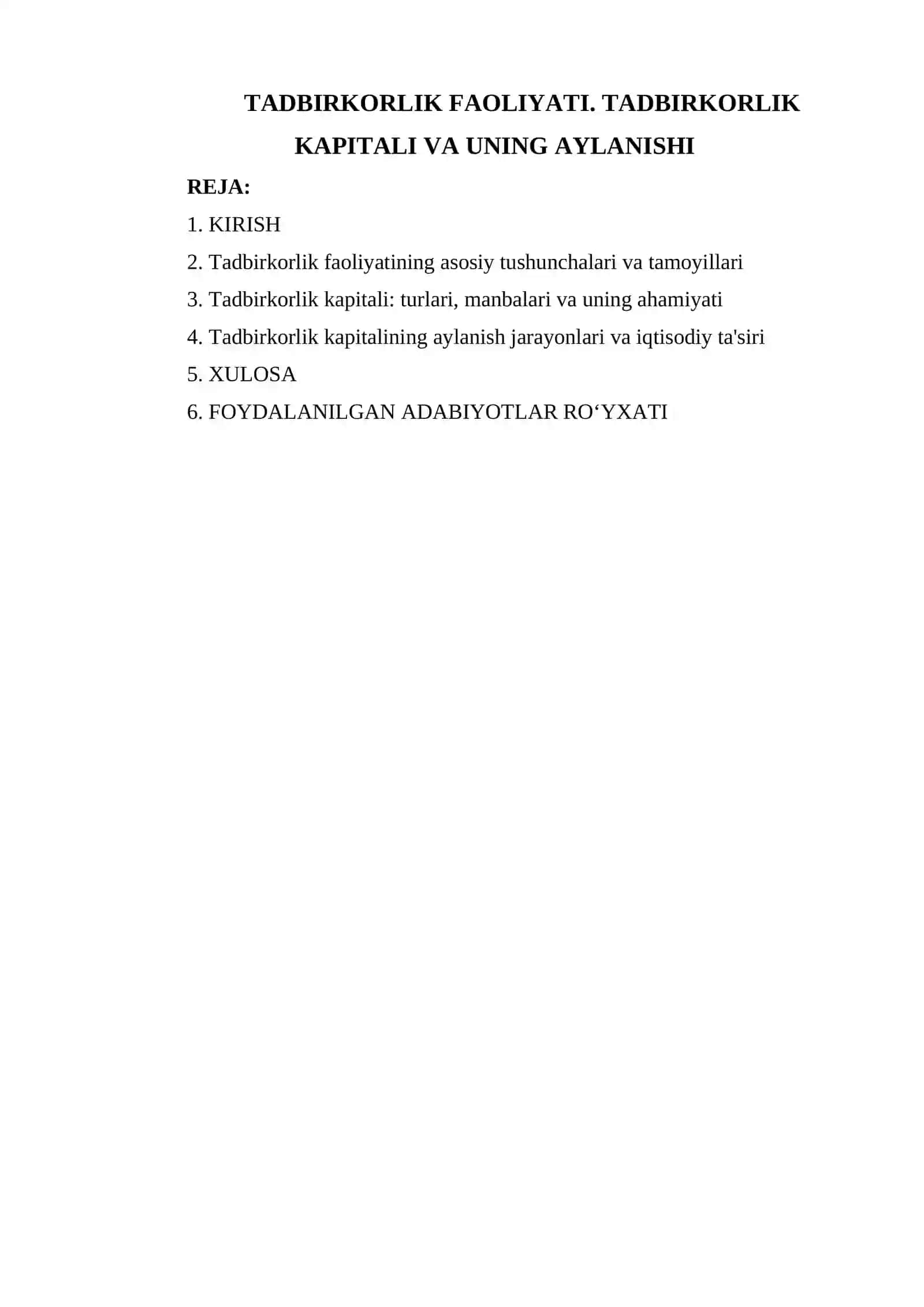 TADBIRKORLIK FAOLIYATI. TADBIRKORLIK KAPITALI VA UNING AYLANISHI 2