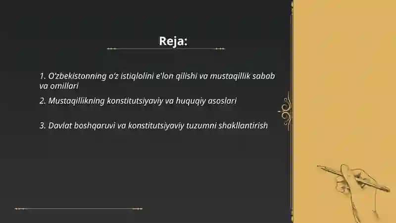 O‘zbekistonning o‘z istiqlol va taraqqiyot yo‘lini tanlanishi va hayotga tadbiq etilishi 2