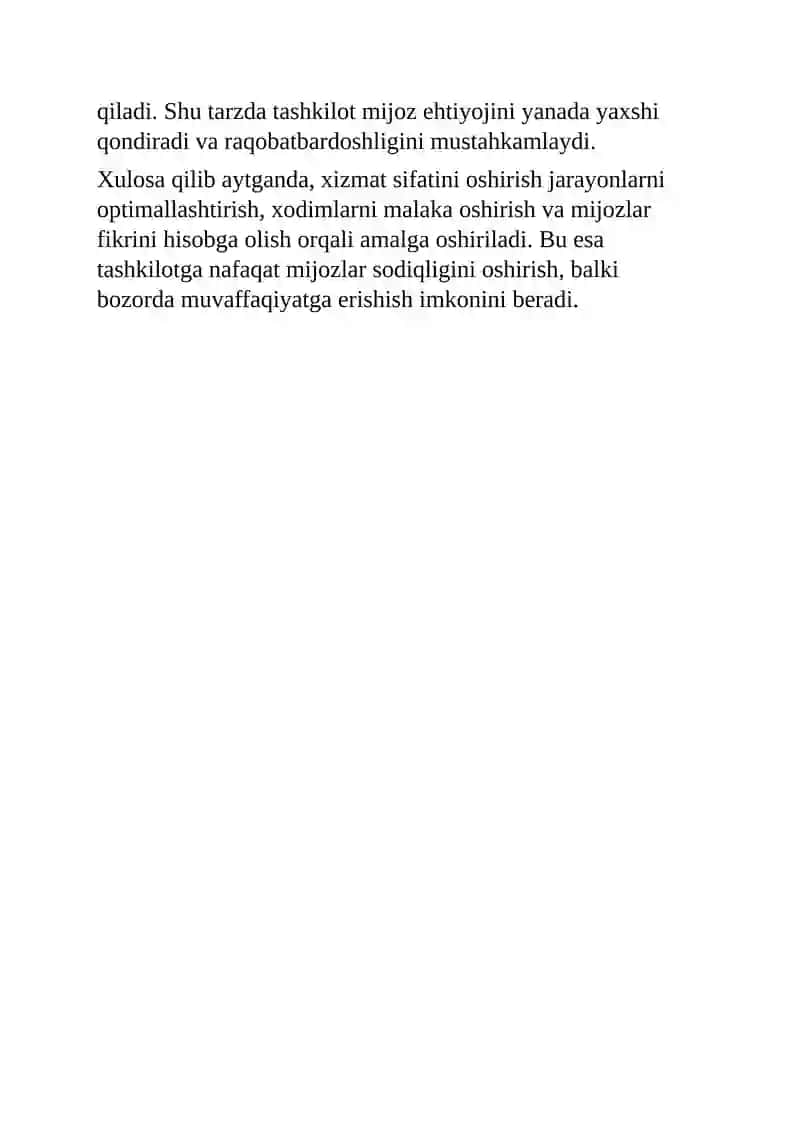 "Xizmatlar sohasida xizmatlar sifatini oshirish imkoniyatlari" esse 2