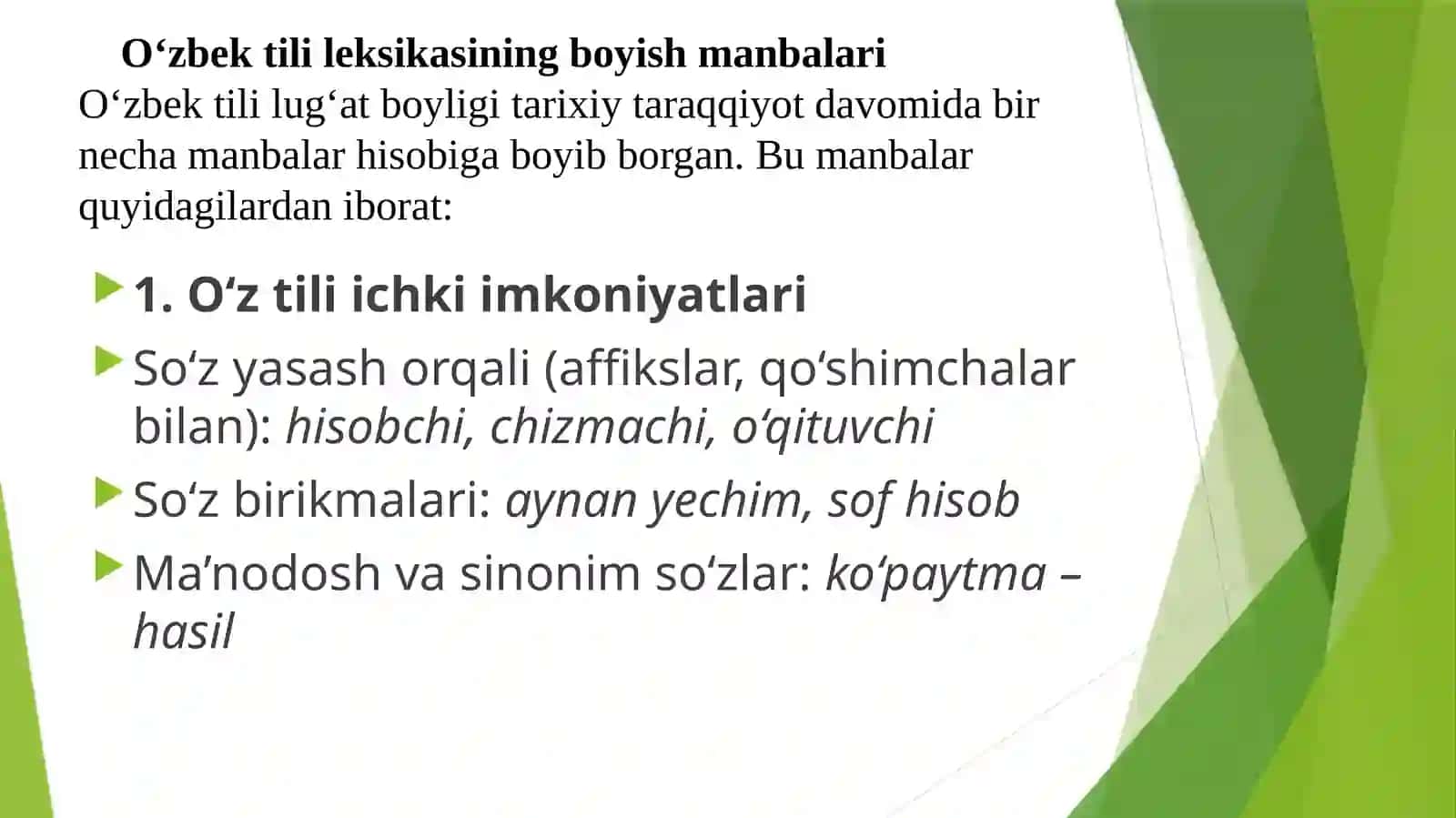 O'zbek tili leksikasining boyish manbalari.Sohaga xos o'z va o'zlashgashgan so'zlar tasnifi. Amaliy matematika sohasiga oid o'zlashgan so'zlar lug'atini tuzish 2