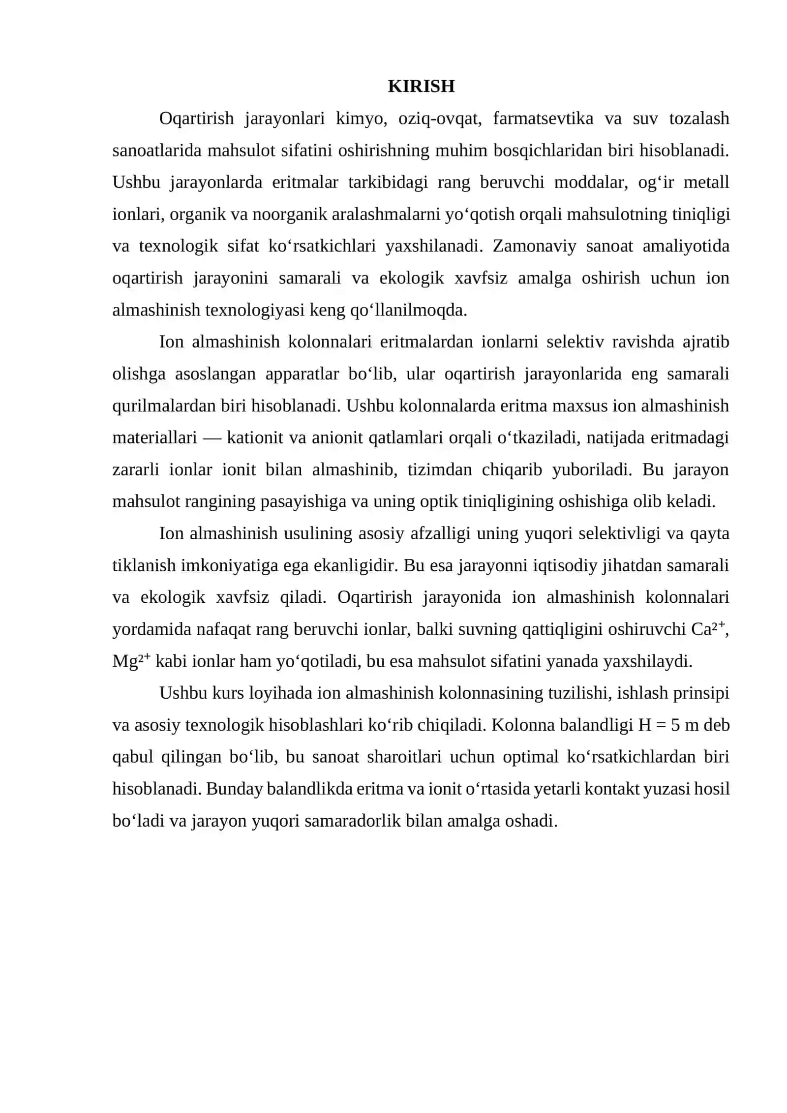 Oqartirish jarayonida ion almashinish kolonnasi. H = 5 m 2