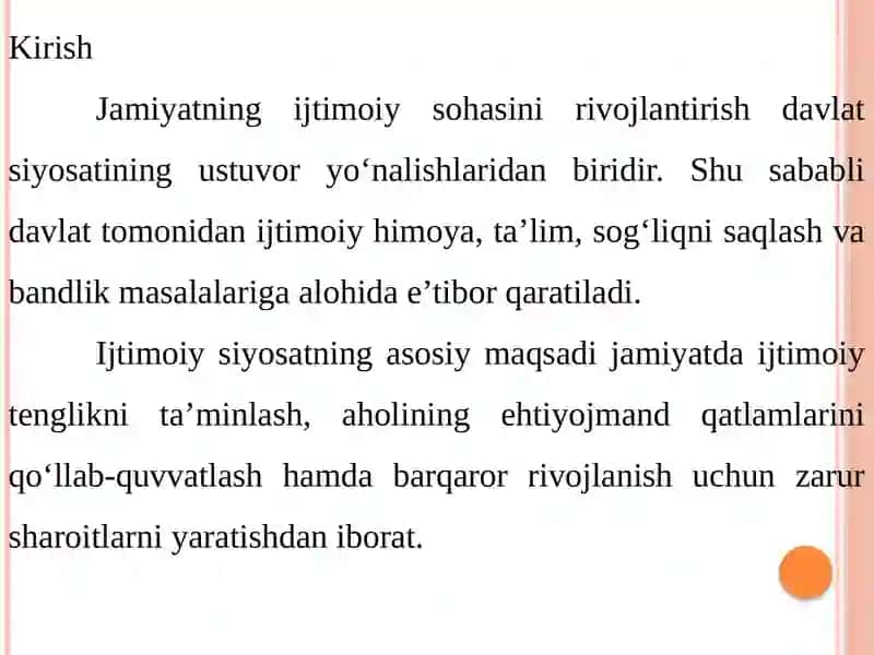 Jamiyatning ijtimoiy sohasini rivojlantirish davlat siyosati 2