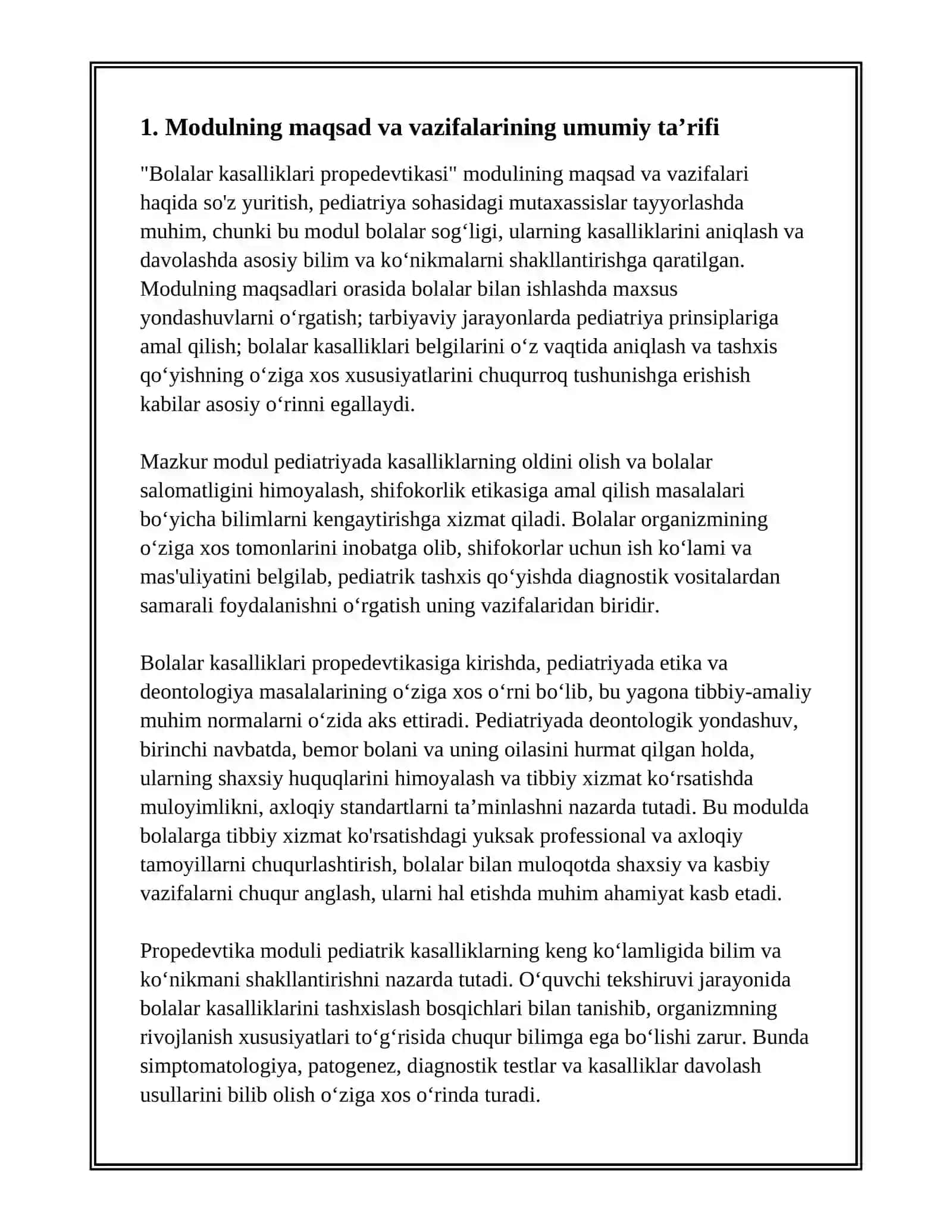 BOLALAR KASALLIKLARI PROPEDEVTIKASI MODULIGA KIRISH MADULNING MAQSAD VA VAZIFALARI. PEDIATRIYADA ETIKA VA DEONTOLOGIYA MASALARLARI 2