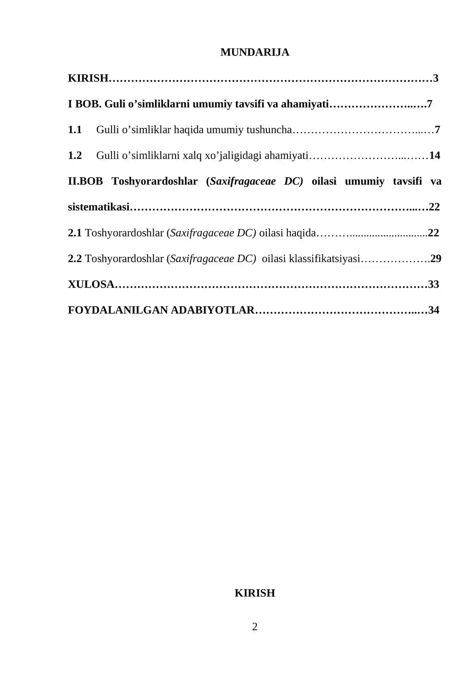 TOSHYORARDOSHLAR (SAXIFRAGACEAE DC) oilasi MAVZUSIDA KURS ISHI 2