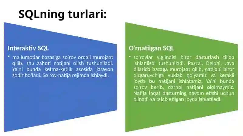 2-ma’ruza: SQL tili, uning MBBTdagi roli va imkoniyatlari. SQL tili standartlari(davomi) 2