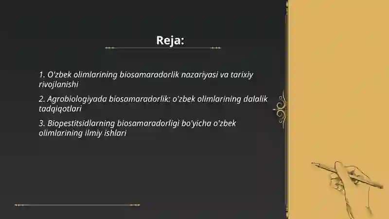 Biosamaradorlik bo'yicha ishlagan ozbek olimlarining ilmiy ishlari haqida 2