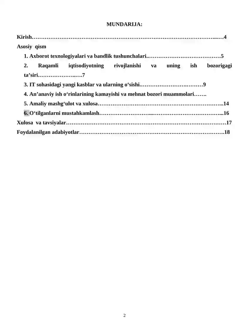 SURXONDARYO VILOYATI PEDAGOGIK MAHORAT MARKAZI “ ” kafedrasi guruh tinglovchisining “Axborot texnologiyasining bandlikka ta'siri ʼʼ mavzusidagi MIKRODARSI 2