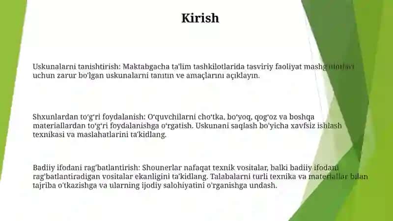 Tasviriy Faoliyat Mashg'ulotlari Jihozlaridan To'g'ri Foydalanishga O'rgatish 2