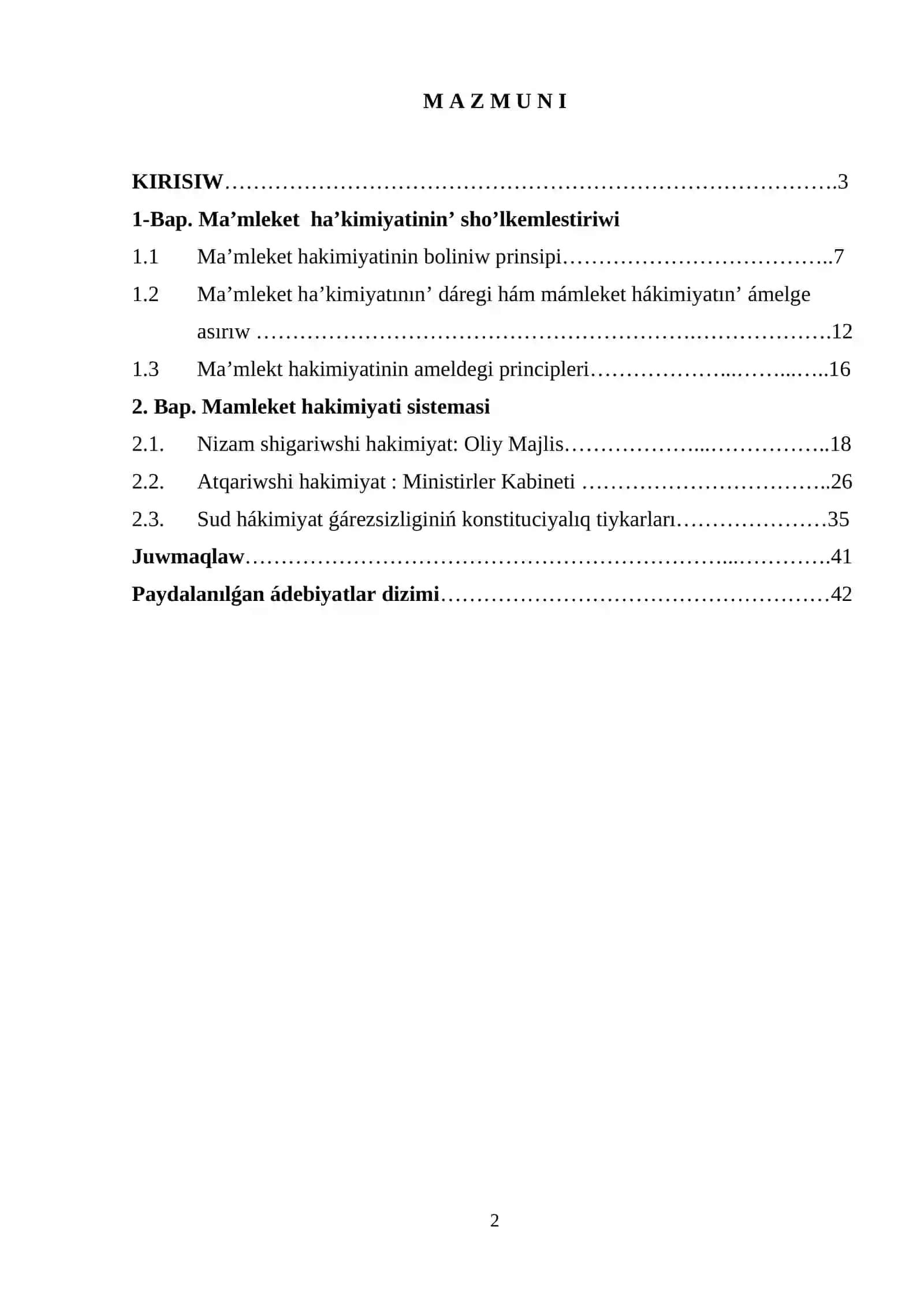 Ma’mleket ha’kimiyatinin’ sho’lkemlestiriwi 2
