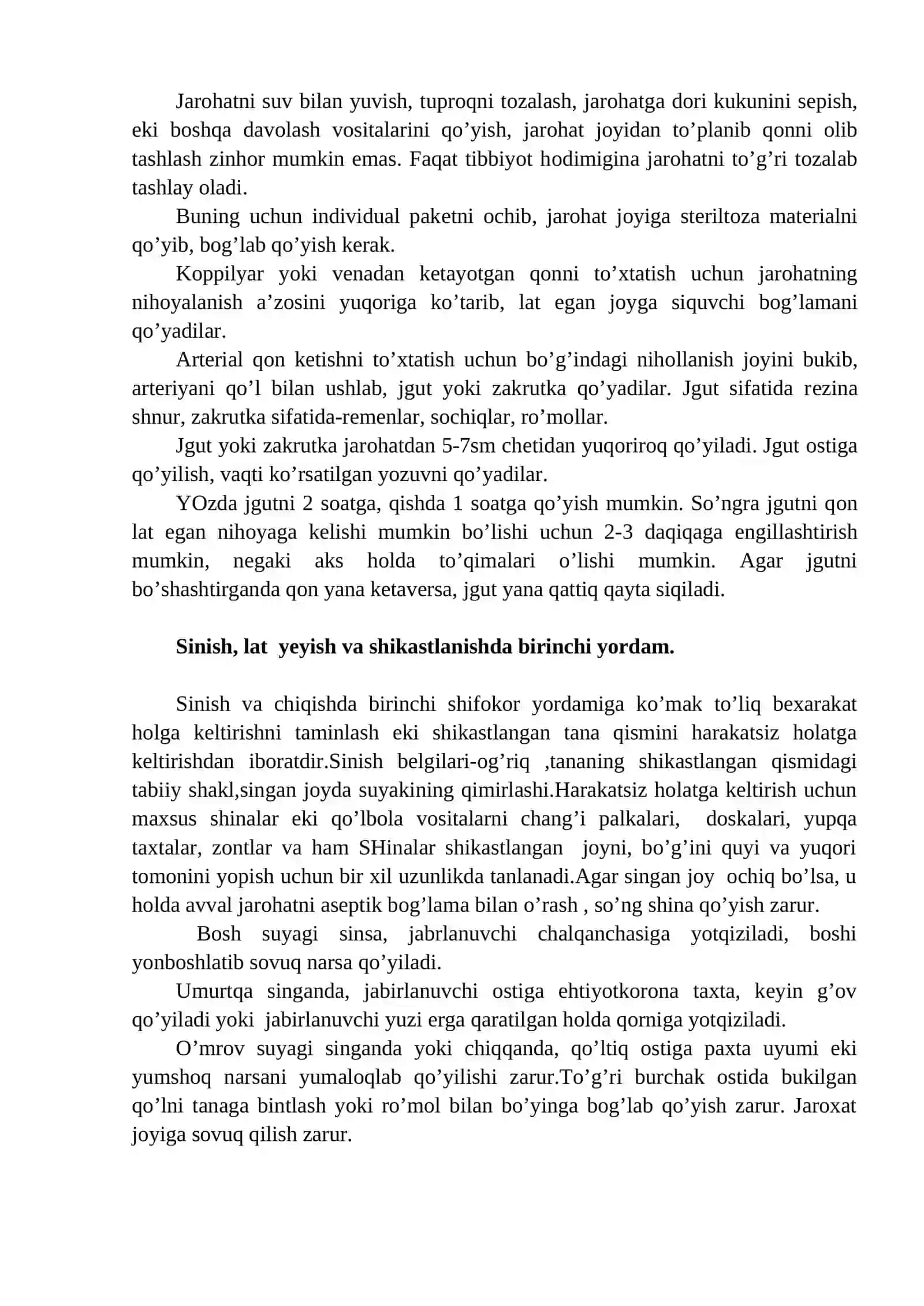 Jarohatlanish, baxtsiz hodisa va kasb kasalliklari. Jarohatlanishlar (shikastlanishlar) sodir bo’lganda birinchi yordam kor’satish 2
