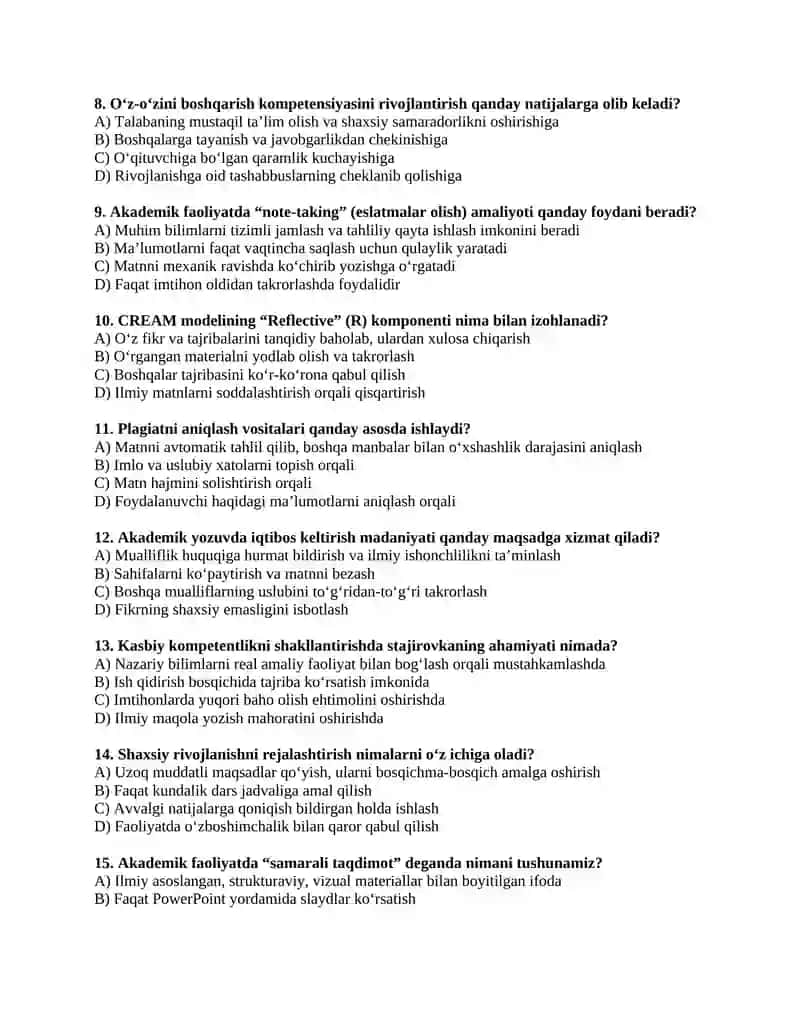 Akademik ko'nikmalar test 200 talik 2