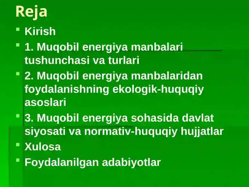 MUQOBIL ENERGIYA MANBALARIDAN FOYDALANISH TUSHUNCHASI VA UNING HUQUQIY TARTIBI 2
