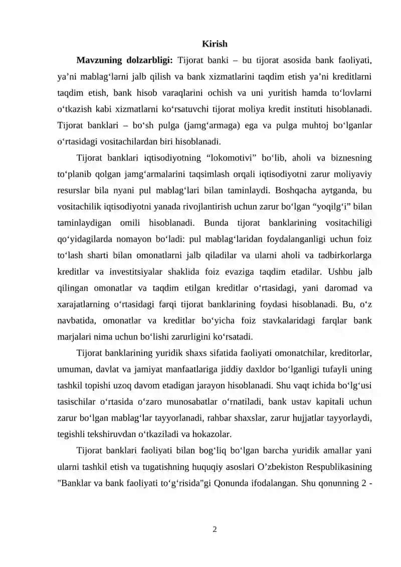 Tijorat banklari faoliyatining iqtisodiy samaradorligini oshirish yo‘llari 2