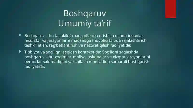 Boshqaruv funksiyalari:rejalashtirish,tashkillashtirish,motivatsiya,nazorat. Sog’liqni saqlashda innovatsion jarayonlar. Liderlik, liderlik nazariyasi va uslublari. 2
