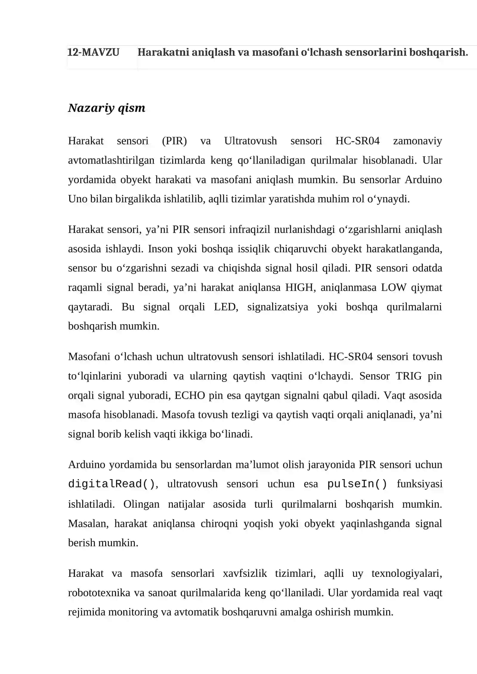 Harakatni aniqlash va masofani o‘lchash sensorlarini boshqarish 2