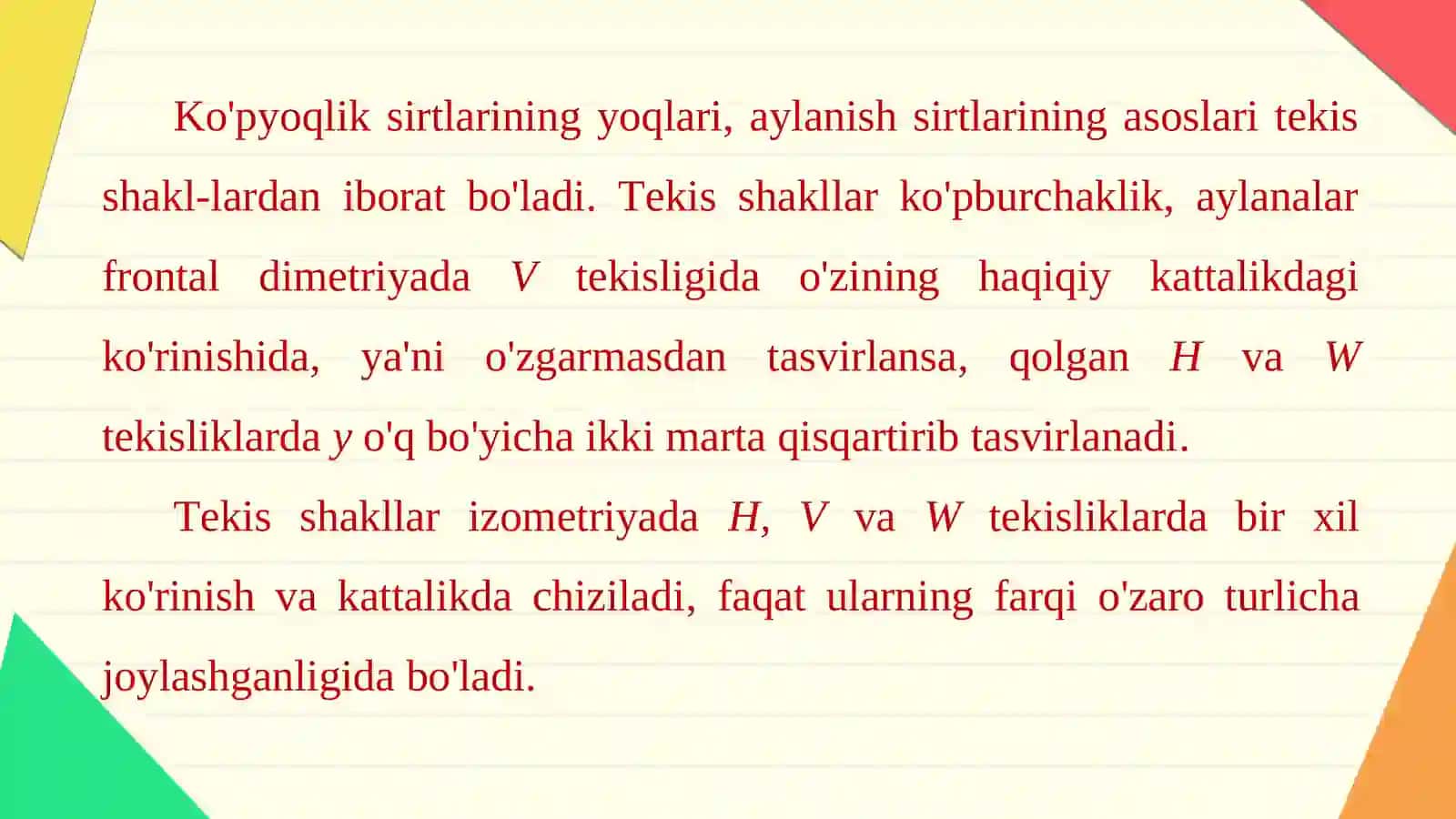 Tekis shakllarning aksonometriyalarini frontal dimetriya va izometriyada yasash 2