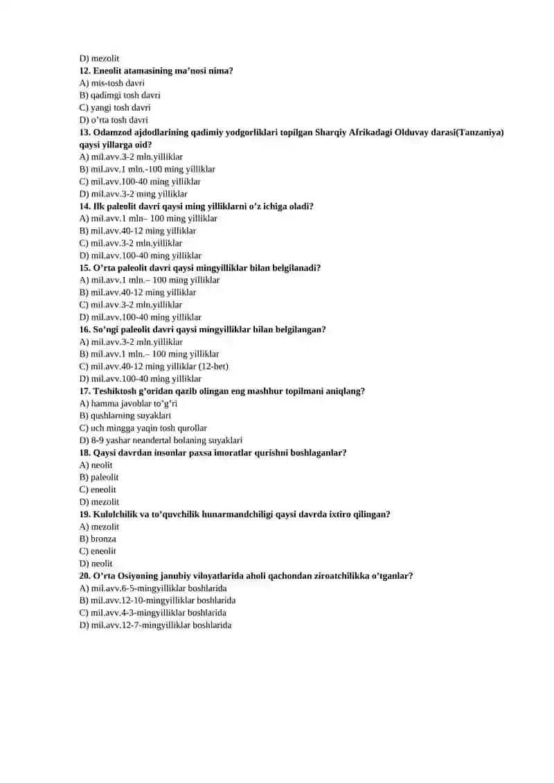 ARXEOLOGIYA FANIDAN TEST SAVOLLARI 2