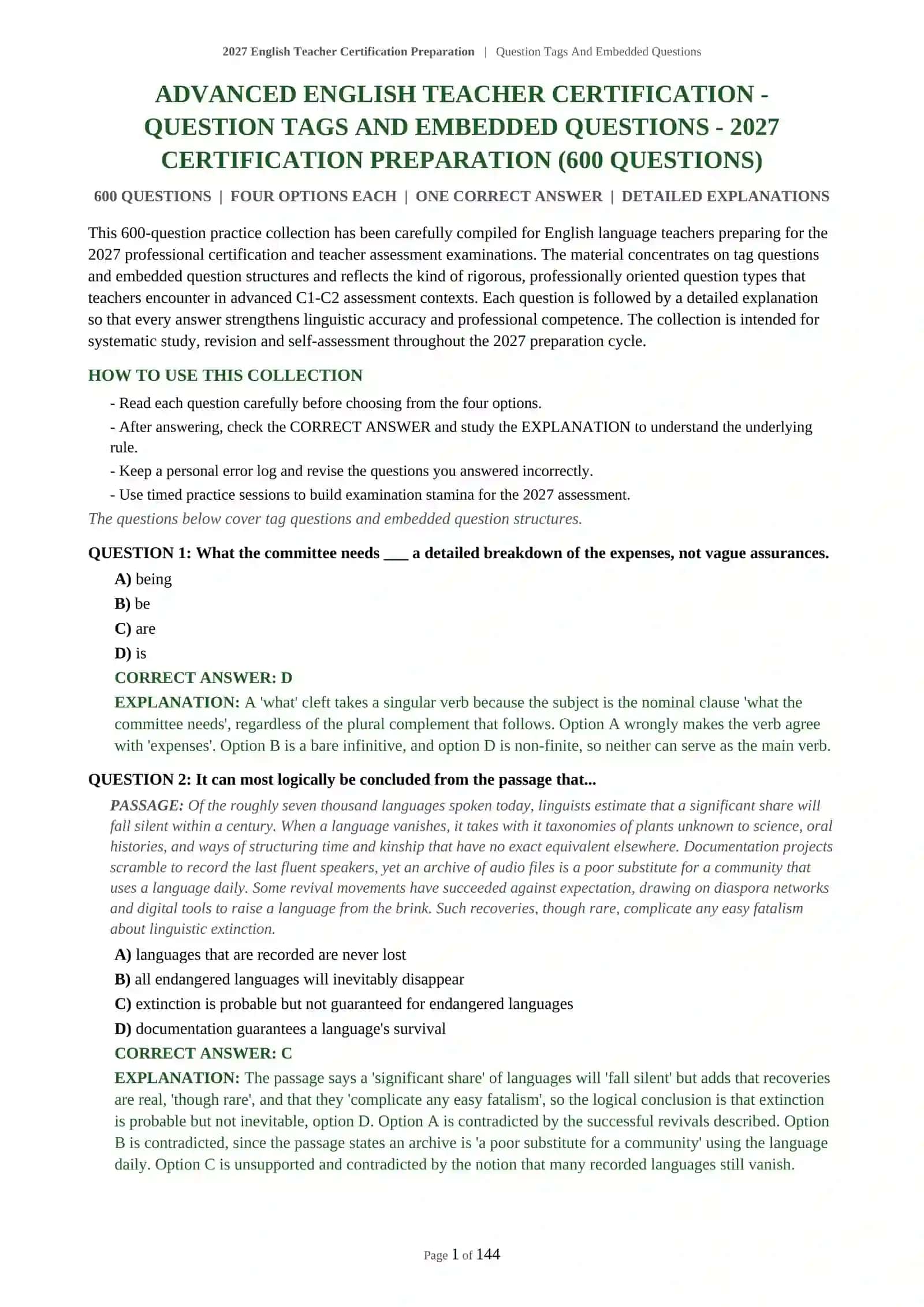 2027 English Teacher Certification Preparation | Question Tags And Embedded Questions 2