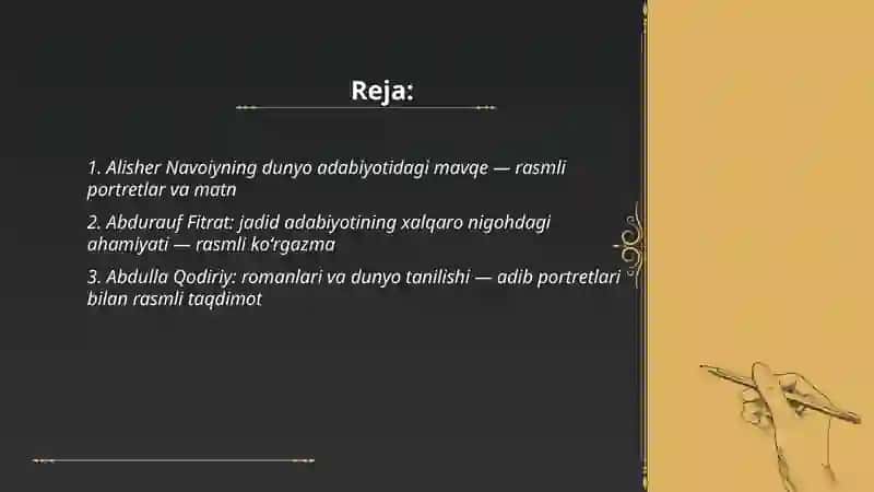 Alisher Navoiyning dunyo adabiyotidagi mavqe — rasmli portretlar va matn 2